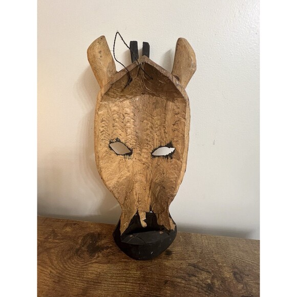 VINTAGE HAND CARVED WOOD GIRAFFE HEAD TRIBAL MASK WALL ART Approximately 15” - Picture 13 of 16